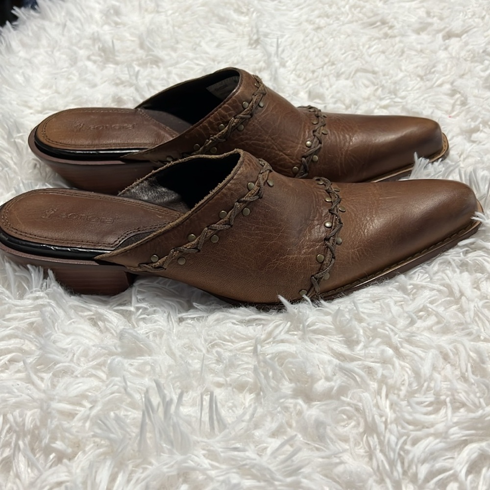 Sonora by Double H Boots Brown Studded Pointed Toe Leather Mules 6.5 - Picture 3 of 10